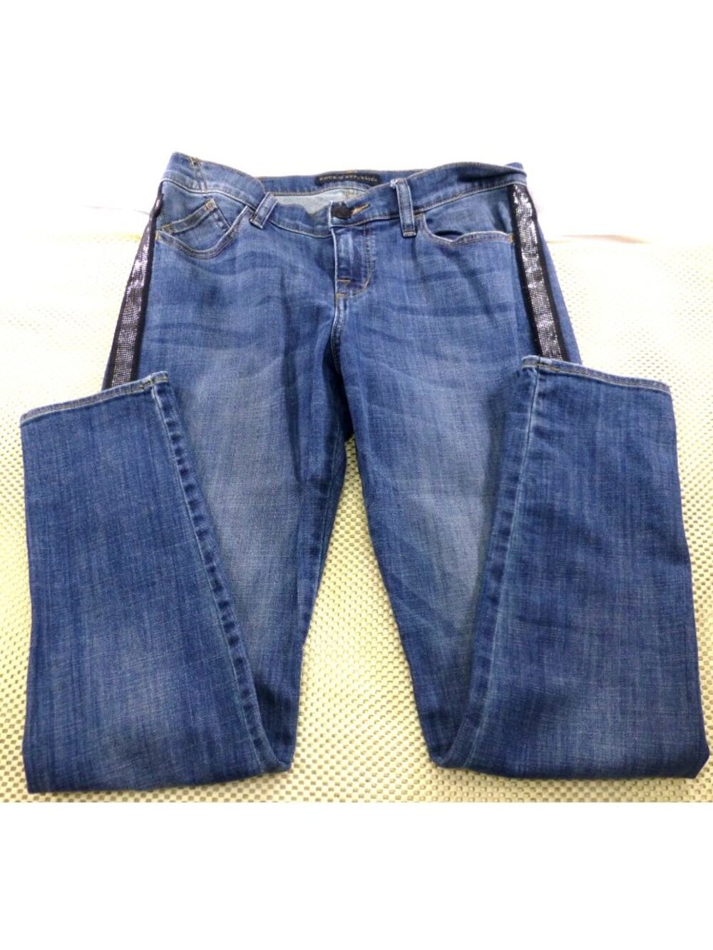 Rock & Republic Womens Blue Jeans W/ Rhinestone Side Stripes 34" Waist 30" Insea